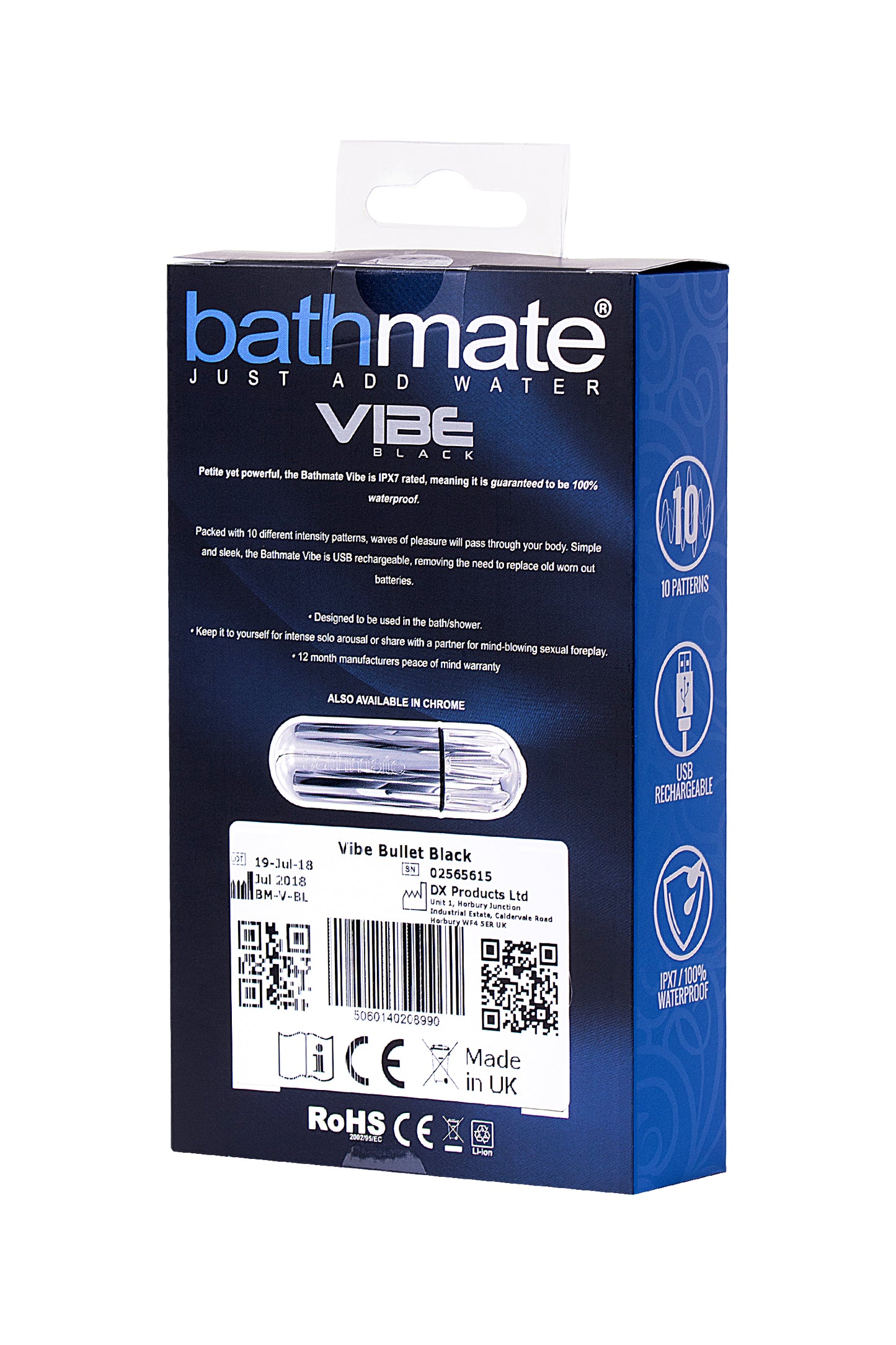 Bathmate Vibe Bullet Black, Şarj edilebilir, su geçirmez, plastik, siyah