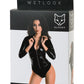 Glossy Alessia Bodysuit, Wetlook malzemeden fermuarlı, siyah, L
