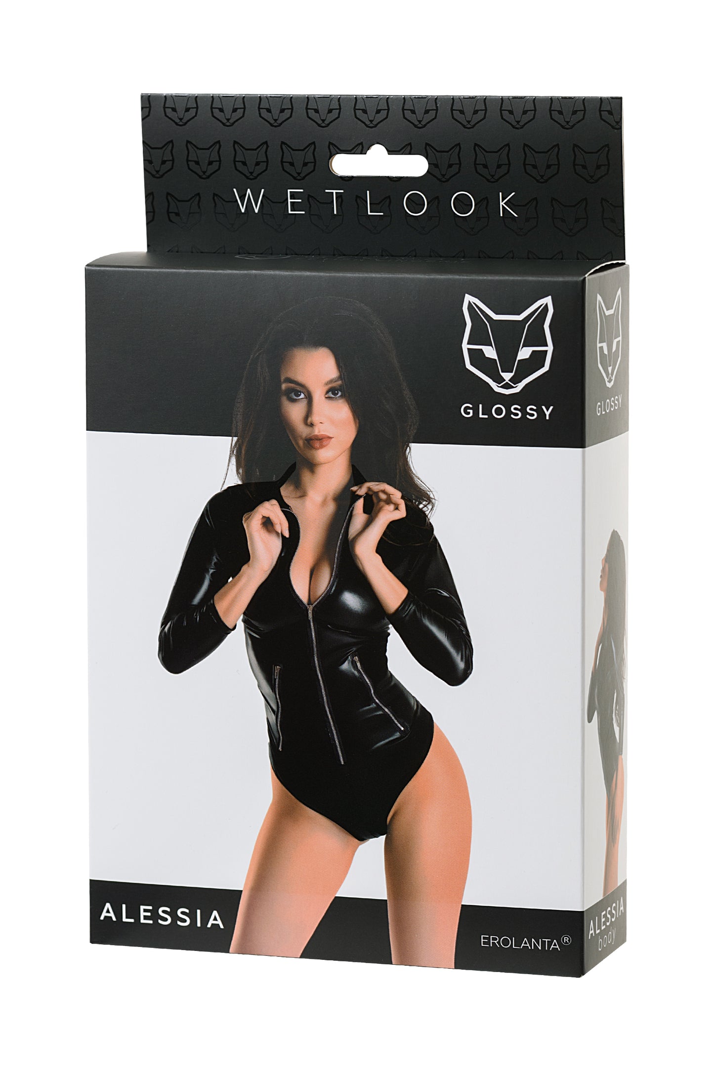 Glossy Alessia Bodysuit Wetlook malzemeden fermuarlı, siyah, XL
