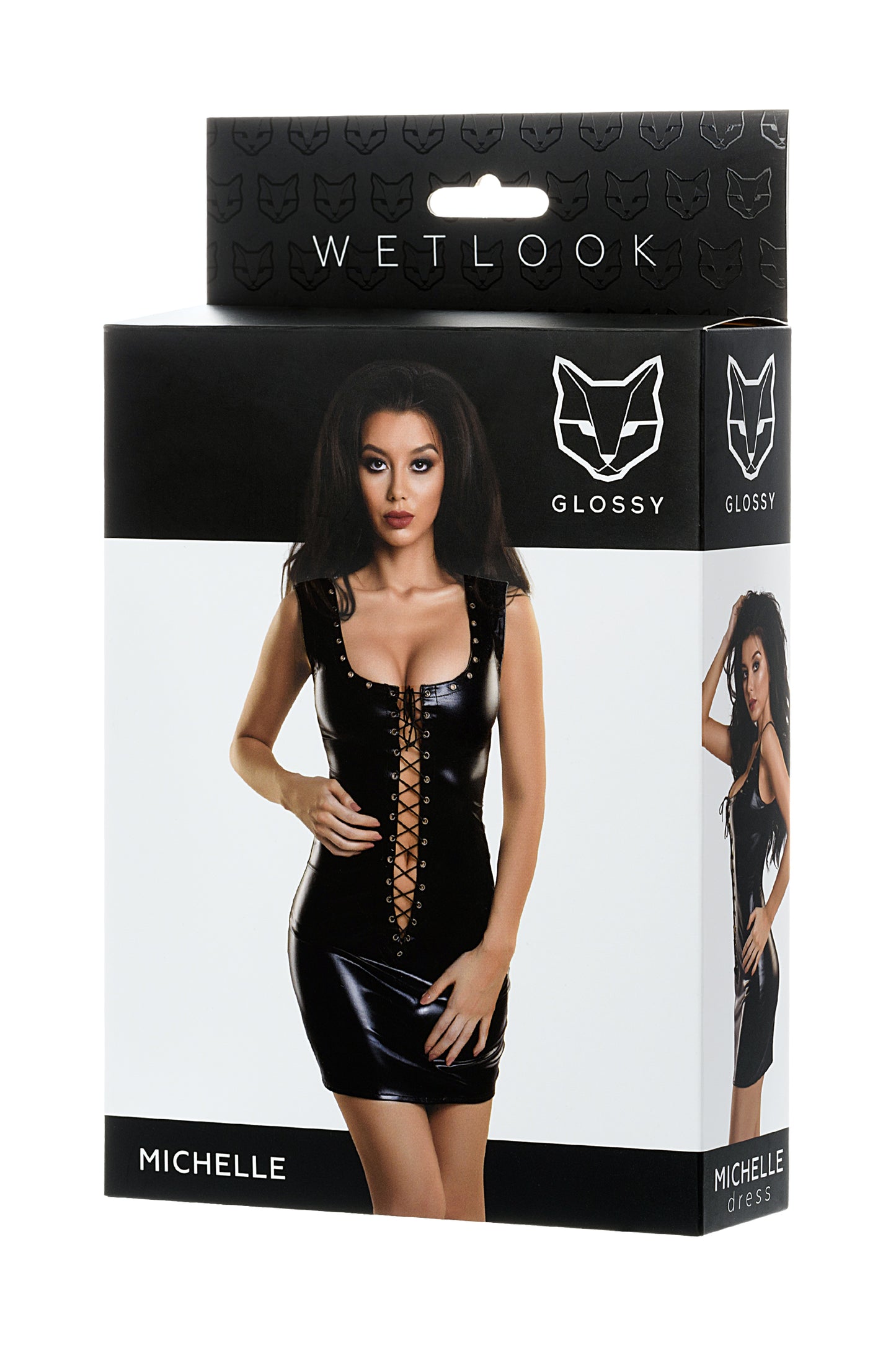 Glossy MİCHELLE Deri Elbise, Perçinli, Wetlook , siyah, S