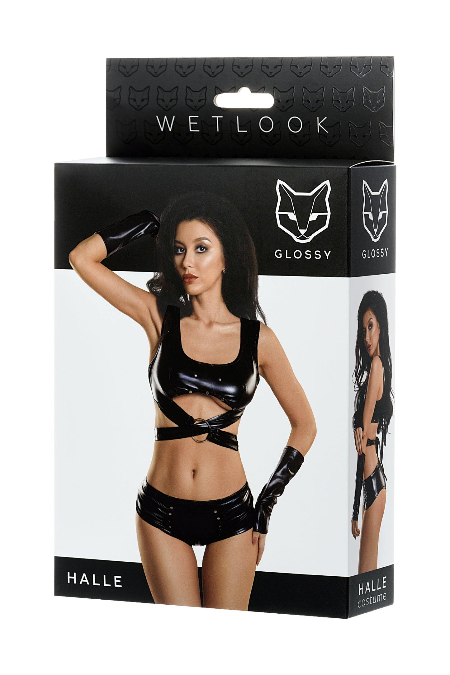 Glossy HALLE Deri Büstyer, Mini şort ve Eldiven Seti, Wetlook , siyah, M