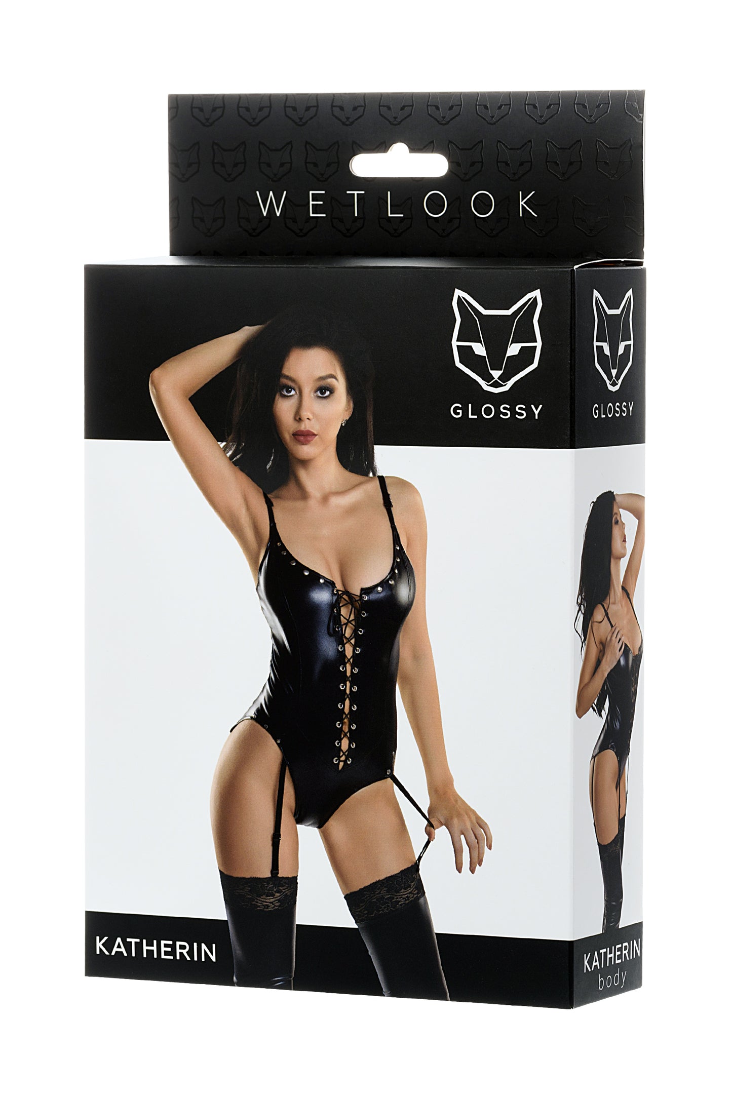 Glossy KATHERİN Deri Bodysuit Jartiyer, Wetlook, Bağcıklı, siyah, XL
